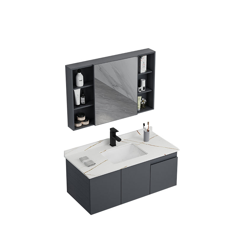 Grey Bath Vanity Wall Mount Rectangular Single Sink Mirror Metal Frame Vanity with Doors Vanity & Faucet & Mirror Cabinet 36"L x 19"W x 17"H Stone Clearhalo 'Bathroom Remodel & Bathroom Fixtures' 'Bathroom Vanities' 'bathroom_vanities' 'Home Improvement' 'home_improvement' 'home_improvement_bathroom_vanities' 7160750