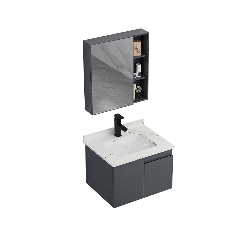 Grey Bath Vanity Wall Mount Rectangular Single Sink Mirror Metal Frame Vanity with Doors Vanity & Faucet & Mirror Cabinet 24"L x 16"W x 17"H Stone Clearhalo 'Bathroom Remodel & Bathroom Fixtures' 'Bathroom Vanities' 'bathroom_vanities' 'Home Improvement' 'home_improvement' 'home_improvement_bathroom_vanities' 7160753