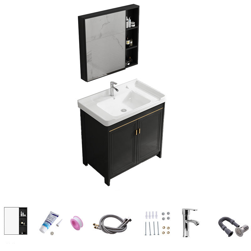 Free Standing Vanity Sink Ceramic Sink Drawers Faucet Vanity Set with Mirror Vanity & Faucet & Mirror Cabinet 28"L x 19"W x 32"H Towel Bar Not Included Clearhalo 'Bathroom Remodel & Bathroom Fixtures' 'Bathroom Vanities' 'bathroom_vanities' 'Home Improvement' 'home_improvement' 'home_improvement_bathroom_vanities' 7160800