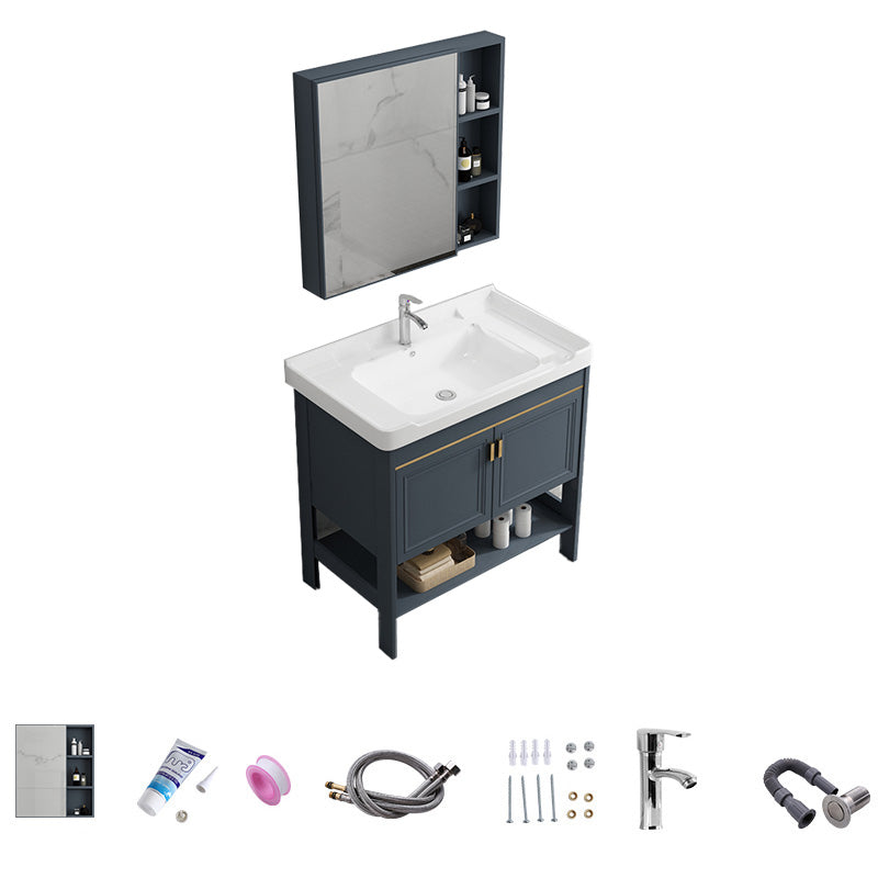 Free Standing Vanity Set Ceramic Sink Drawer Faucet Vanity with Mirror Vanity & Faucet & Mirror Cabinet 28"L x 19"W x 32"H Towel Bar Not Included Clearhalo 'Bathroom Remodel & Bathroom Fixtures' 'Bathroom Vanities' 'bathroom_vanities' 'Home Improvement' 'home_improvement' 'home_improvement_bathroom_vanities' 7160826