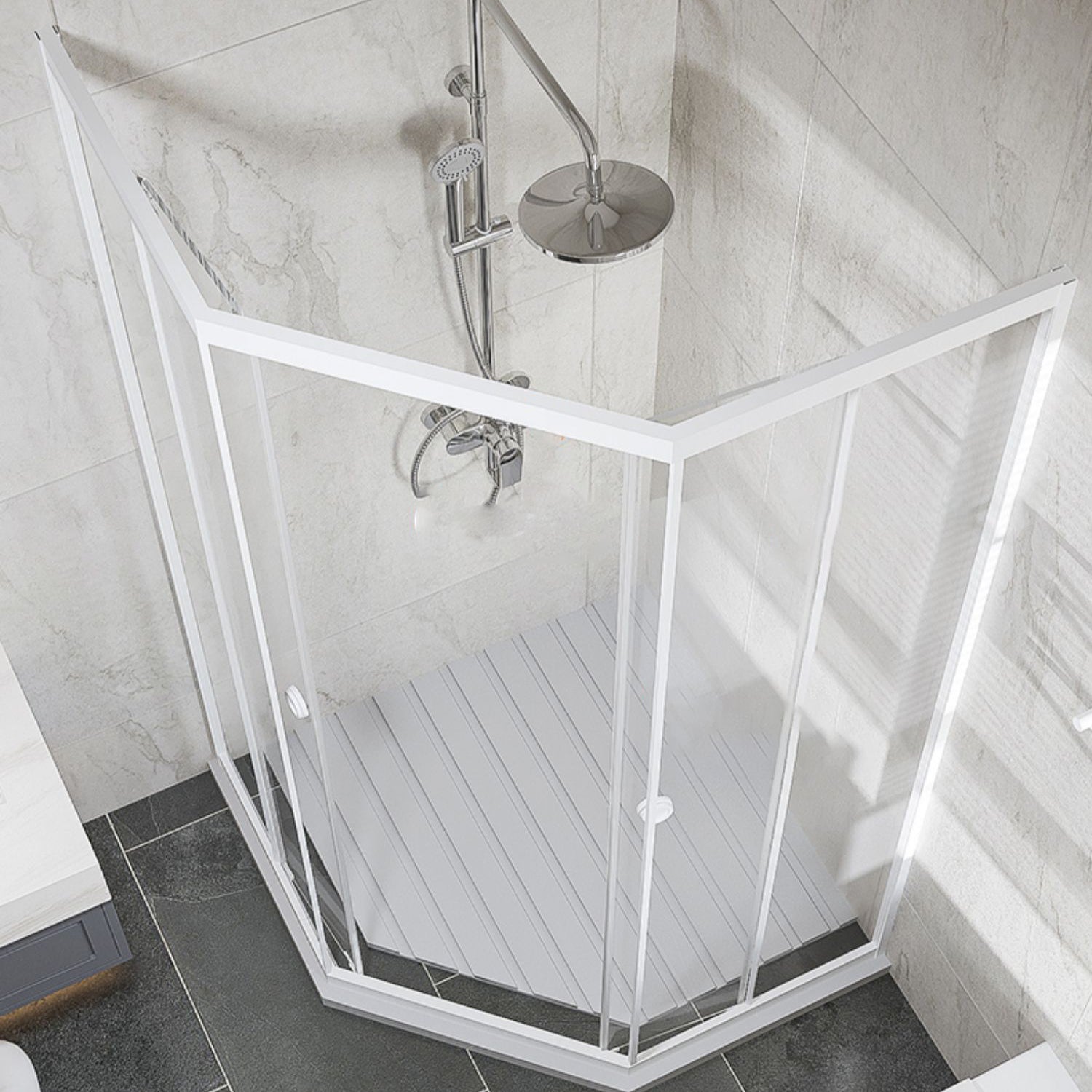 Neo-Angle Clear Tempered Shower Enclosure Framed Double Sliding Shower Kit Clearhalo 'Bathroom Remodel & Bathroom Fixtures' 'Home Improvement' 'home_improvement' 'home_improvement_shower_stalls_enclosures' 'Shower Stalls & Enclosures' 'shower_stalls_enclosures' 'Showers & Bathtubs' 7161312