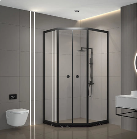 Neo-Angle Clear Tempered Shower Enclosure Framed Double Sliding Shower Kit Clearhalo 'Bathroom Remodel & Bathroom Fixtures' 'Home Improvement' 'home_improvement' 'home_improvement_shower_stalls_enclosures' 'Shower Stalls & Enclosures' 'shower_stalls_enclosures' 'Showers & Bathtubs' 7161316