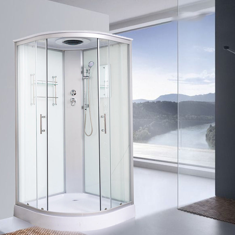Rounded Shower Stall Double Sliding Shower Stall with Rain Shower Clearhalo 'Bathroom Remodel & Bathroom Fixtures' 'Home Improvement' 'home_improvement' 'home_improvement_shower_stalls_enclosures' 'Shower Stalls & Enclosures' 'shower_stalls_enclosures' 'Showers & Bathtubs' 7161587
