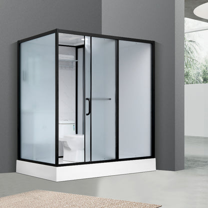 Single Sliding Shower Stall Rectangle Shower Stall with Rain Shower and Light Toilet Only