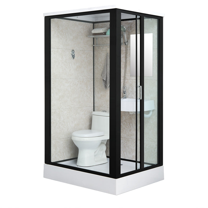 Rectangle Shower Stall Black Sliding Shower Stall with White Base 47"L x 39"W x 85"H Toilet Only Sided Opening Clearhalo 'Bathroom Remodel & Bathroom Fixtures' 'Home Improvement' 'home_improvement' 'home_improvement_shower_stalls_enclosures' 'Shower Stalls & Enclosures' 'shower_stalls_enclosures' 'Showers & Bathtubs' 7161651