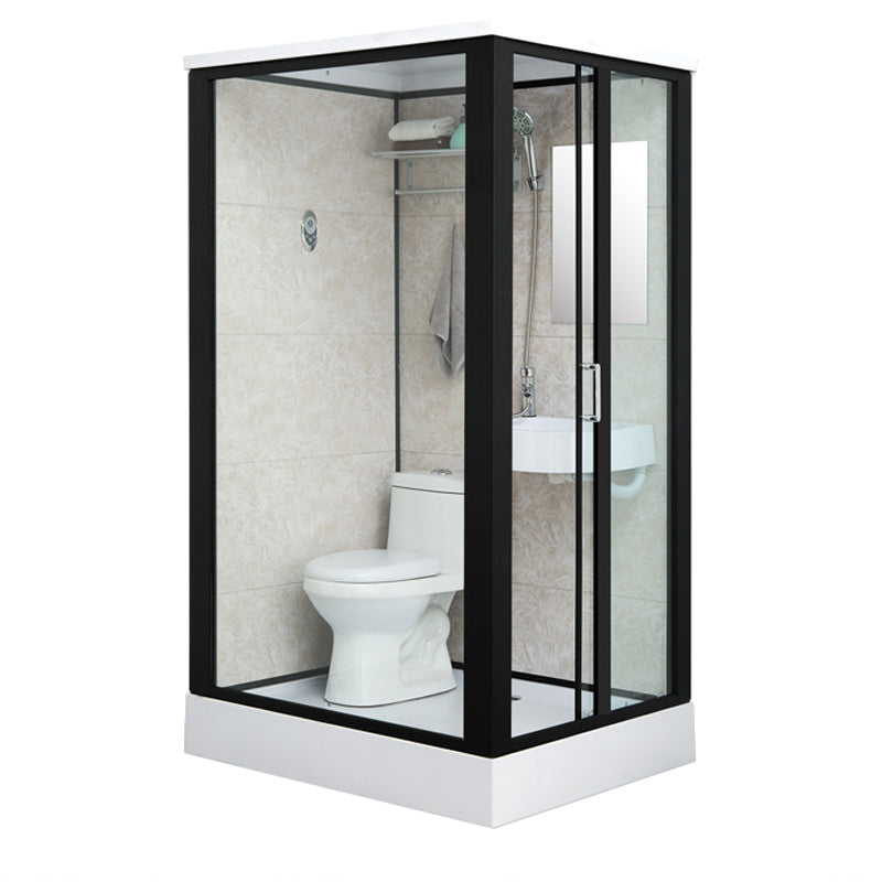 Rectangle Shower Stall Black Sliding Shower Stall with White Base 47"L x 39"W x 85"H Toilet Only Sided Opening Clearhalo 'Bathroom Remodel & Bathroom Fixtures' 'Home Improvement' 'home_improvement' 'home_improvement_shower_stalls_enclosures' 'Shower Stalls & Enclosures' 'shower_stalls_enclosures' 'Showers & Bathtubs' 7161651