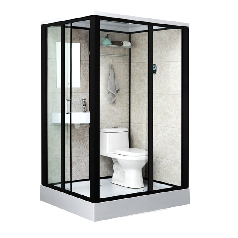 Rectangle Shower Stall Black Sliding Shower Stall with White Base 55"L x 43"W x 85"H Toilet Only Sided Opening Clearhalo 'Bathroom Remodel & Bathroom Fixtures' 'Home Improvement' 'home_improvement' 'home_improvement_shower_stalls_enclosures' 'Shower Stalls & Enclosures' 'shower_stalls_enclosures' 'Showers & Bathtubs' 7161659