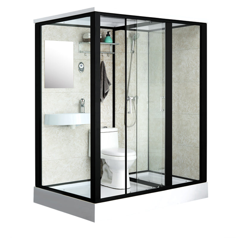 Rectangle Shower Stall Black Sliding Shower Stall with White Base 75"L x 47"W x 85"H Toilet Only Front Opening Clearhalo 'Bathroom Remodel & Bathroom Fixtures' 'Home Improvement' 'home_improvement' 'home_improvement_shower_stalls_enclosures' 'Shower Stalls & Enclosures' 'shower_stalls_enclosures' 'Showers & Bathtubs' 7161662