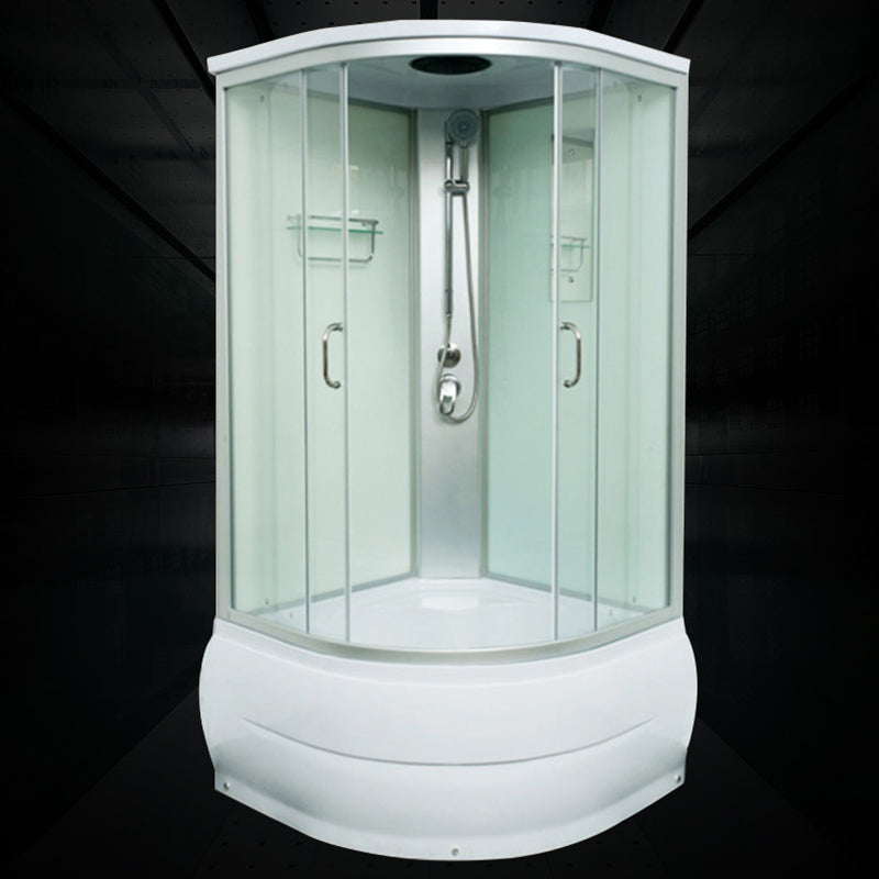 Round Shower Stall Double Sliding Shower Stall with White Base and Rain Shower Clearhalo 'Bathroom Remodel & Bathroom Fixtures' 'Home Improvement' 'home_improvement' 'home_improvement_shower_stalls_enclosures' 'Shower Stalls & Enclosures' 'shower_stalls_enclosures' 'Showers & Bathtubs' 7161686