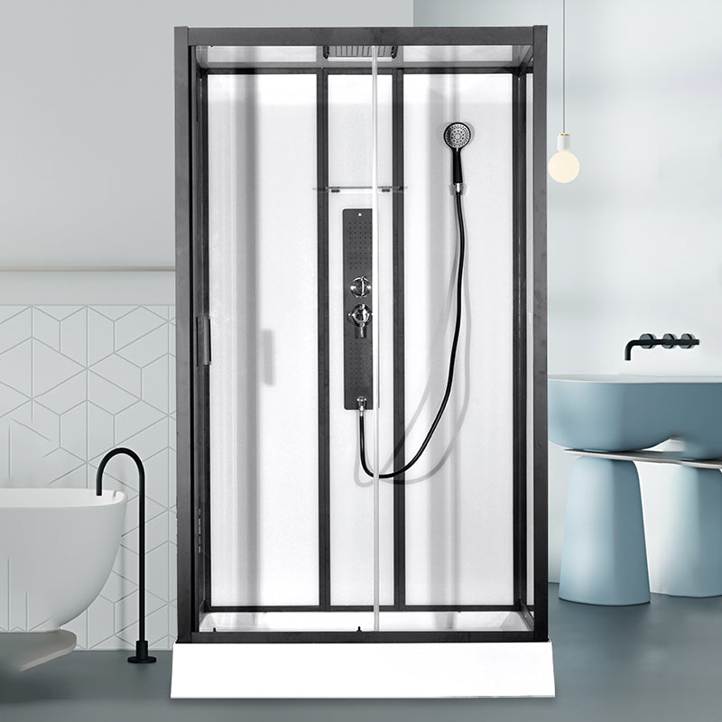 Black Framed Shower Enclosure Single Sliding Square Shower Kit Clearhalo 'Bathroom Remodel & Bathroom Fixtures' 'Home Improvement' 'home_improvement' 'home_improvement_shower_stalls_enclosures' 'Shower Stalls & Enclosures' 'shower_stalls_enclosures' 'Showers & Bathtubs' 7161793