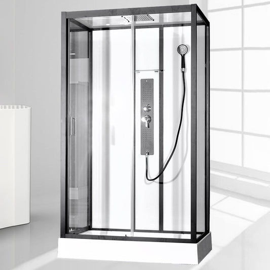 Black Framed Shower Enclosure Single Sliding Square Shower Kit Clearhalo 'Bathroom Remodel & Bathroom Fixtures' 'Home Improvement' 'home_improvement' 'home_improvement_shower_stalls_enclosures' 'Shower Stalls & Enclosures' 'shower_stalls_enclosures' 'Showers & Bathtubs' 7161794