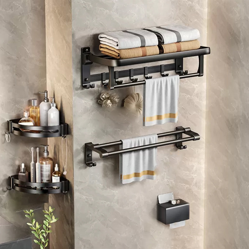 Modern Bath Hardware Set Black Bath Shelf Paper Holder Bathroom Accessory Kit 5-Piece Set (Double Rods) Clearhalo 'Bathroom Hardware Sets' 'Bathroom Hardware' 'Bathroom Remodel & Bathroom Fixtures' 'bathroom_hardware_sets' 'Home Improvement' 'home_improvement' 'home_improvement_bathroom_hardware_sets' 7164179