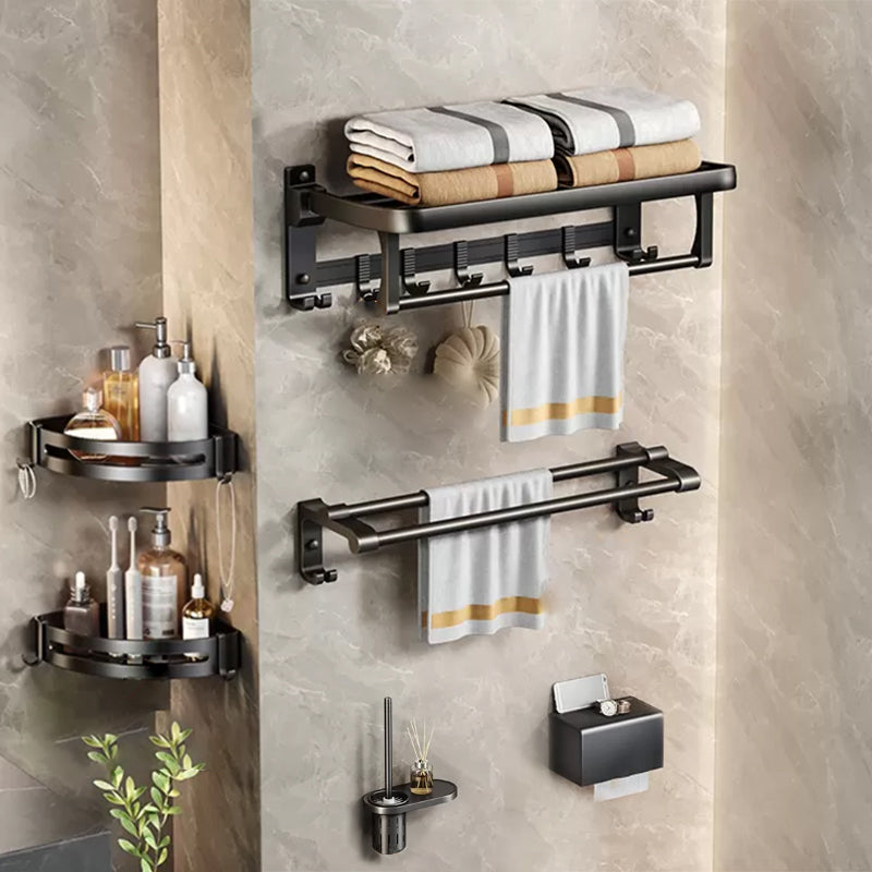 Modern Bath Hardware Set Black Bath Shelf Paper Holder Bathroom Accessory Kit 6-Piece Set (Double Rods) Clearhalo 'Bathroom Hardware Sets' 'Bathroom Hardware' 'Bathroom Remodel & Bathroom Fixtures' 'bathroom_hardware_sets' 'Home Improvement' 'home_improvement' 'home_improvement_bathroom_hardware_sets' 7164183