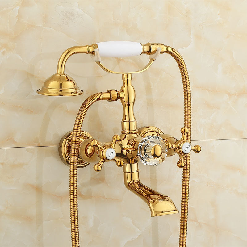 Wall Mounted Shower Arm Shower Faucet Metal Shower System with Slide Bar in Gold Gold Non Perforated Base Clearhalo 'Bathroom Remodel & Bathroom Fixtures' 'Bathtub Faucets' 'bathtub_faucets' 'Home Improvement' 'home_improvement' 'home_improvement_bathtub_faucets' 7164383