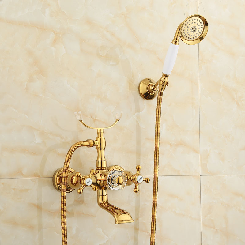 Wall Mounted Shower Arm Shower Faucet Metal Shower System with Slide Bar in Gold Gold Perforated Base Clearhalo 'Bathroom Remodel & Bathroom Fixtures' 'Bathtub Faucets' 'bathtub_faucets' 'Home Improvement' 'home_improvement' 'home_improvement_bathtub_faucets' 7164384