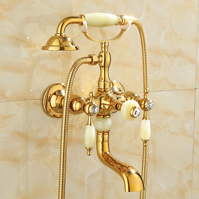 Wall Mounted Shower Arm Shower Faucet Metal Shower System with Slide Bar in Gold Beige/ Gold Non Perforated Base Clearhalo 'Bathroom Remodel & Bathroom Fixtures' 'Bathtub Faucets' 'bathtub_faucets' 'Home Improvement' 'home_improvement' 'home_improvement_bathtub_faucets' 7164385