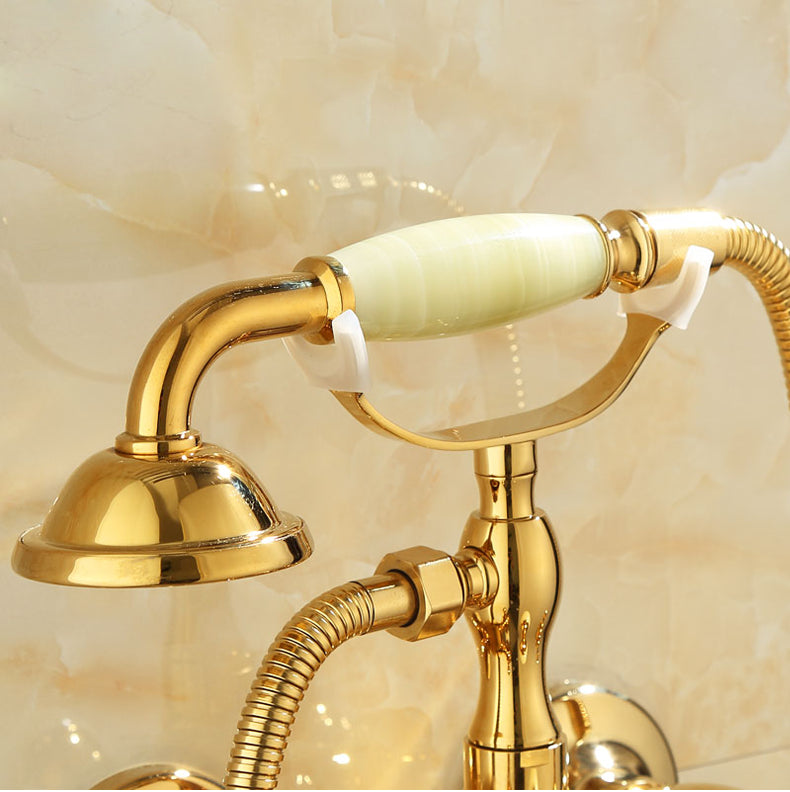 Wall Mounted Shower Arm Shower Faucet Metal Shower System with Slide Bar in Gold Clearhalo 'Bathroom Remodel & Bathroom Fixtures' 'Bathtub Faucets' 'bathtub_faucets' 'Home Improvement' 'home_improvement' 'home_improvement_bathtub_faucets' 7164386