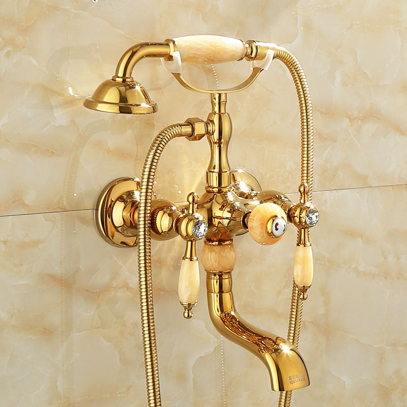 Wall Mounted Shower Arm Shower Faucet Metal Shower System with Slide Bar in Gold Gold Yellow Non Perforated Base Clearhalo 'Bathroom Remodel & Bathroom Fixtures' 'Bathtub Faucets' 'bathtub_faucets' 'Home Improvement' 'home_improvement' 'home_improvement_bathtub_faucets' 7164387