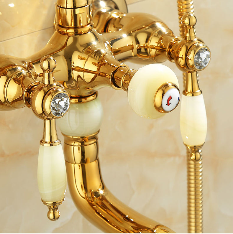 Wall Mounted Shower Arm Shower Faucet Metal Shower System with Slide Bar in Gold Clearhalo 'Bathroom Remodel & Bathroom Fixtures' 'Bathtub Faucets' 'bathtub_faucets' 'Home Improvement' 'home_improvement' 'home_improvement_bathtub_faucets' 7164388