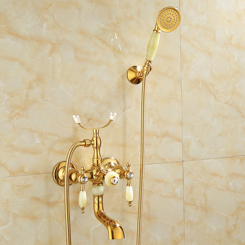 Wall Mounted Shower Arm Shower Faucet Metal Shower System with Slide Bar in Gold Beige Gold Perforated Base Clearhalo 'Bathroom Remodel & Bathroom Fixtures' 'Bathtub Faucets' 'bathtub_faucets' 'Home Improvement' 'home_improvement' 'home_improvement_bathtub_faucets' 7164389