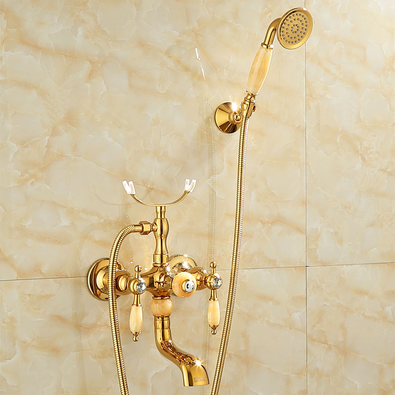 Wall Mounted Shower Arm Shower Faucet Metal Shower System with Slide Bar in Gold Gold/ Yellow Perforated Base Clearhalo 'Bathroom Remodel & Bathroom Fixtures' 'Bathtub Faucets' 'bathtub_faucets' 'Home Improvement' 'home_improvement' 'home_improvement_bathtub_faucets' 7164391