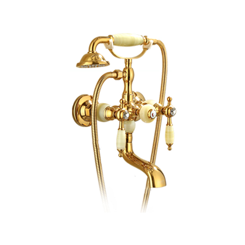 Wall Mounted Shower Arm Shower Faucet Metal Shower System with Slide Bar in Gold Clearhalo 'Bathroom Remodel & Bathroom Fixtures' 'Bathtub Faucets' 'bathtub_faucets' 'Home Improvement' 'home_improvement' 'home_improvement_bathtub_faucets' 7164392