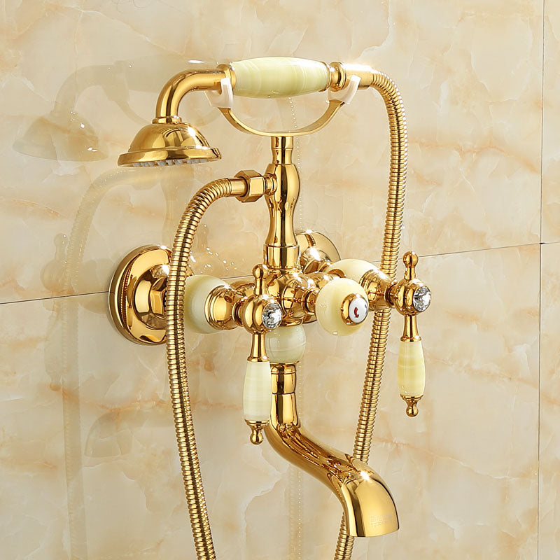 Wall Mounted Shower Arm Shower Faucet Metal Shower System with Slide Bar in Gold Beige Non Perforated Base Clearhalo 'Bathroom Remodel & Bathroom Fixtures' 'Bathtub Faucets' 'bathtub_faucets' 'Home Improvement' 'home_improvement' 'home_improvement_bathtub_faucets' 7164393