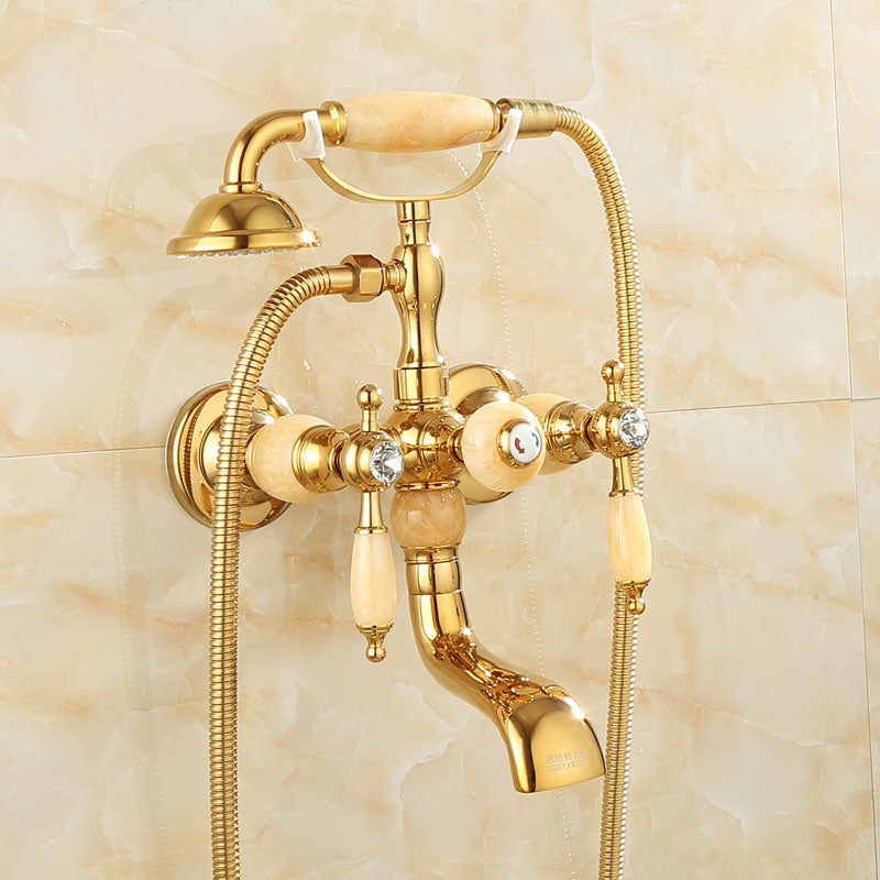 Wall Mounted Shower Arm Shower Faucet Metal Shower System with Slide Bar in Gold Yellow Non Perforated Base Clearhalo 'Bathroom Remodel & Bathroom Fixtures' 'Bathtub Faucets' 'bathtub_faucets' 'Home Improvement' 'home_improvement' 'home_improvement_bathtub_faucets' 7164395