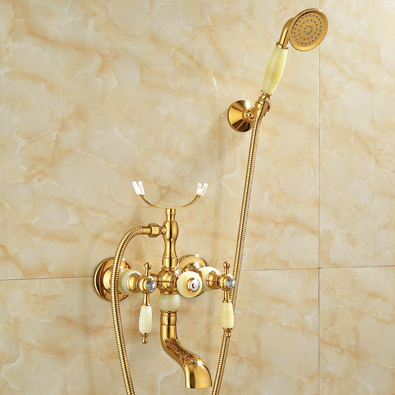 Wall Mounted Shower Arm Shower Faucet Metal Shower System with Slide Bar in Gold Beige Perforated Base Clearhalo 'Bathroom Remodel & Bathroom Fixtures' 'Bathtub Faucets' 'bathtub_faucets' 'Home Improvement' 'home_improvement' 'home_improvement_bathtub_faucets' 7164396
