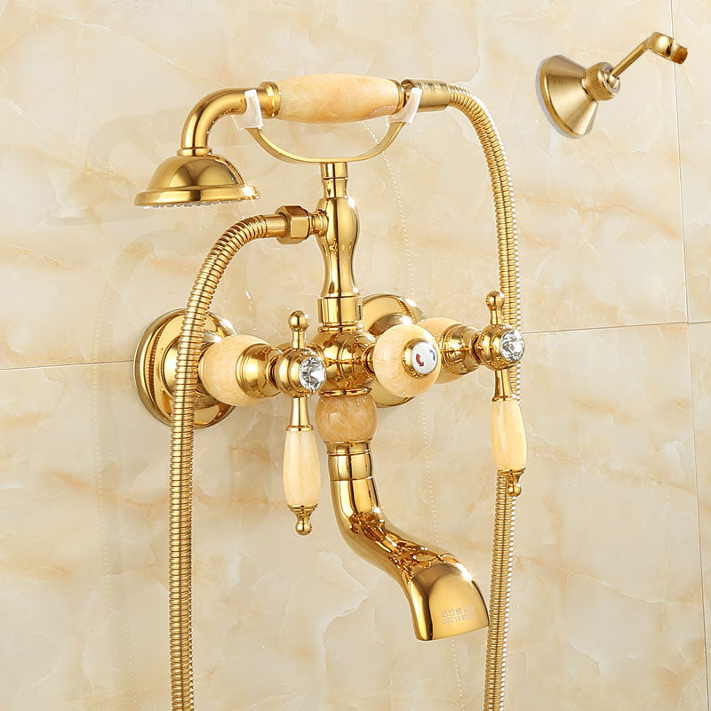 Wall Mounted Shower Arm Shower Faucet Metal Shower System with Slide Bar in Gold Yellow Perforated Base Clearhalo 'Bathroom Remodel & Bathroom Fixtures' 'Bathtub Faucets' 'bathtub_faucets' 'Home Improvement' 'home_improvement' 'home_improvement_bathtub_faucets' 7164397