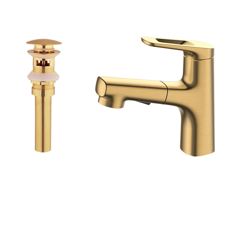 Square Low Arc Sink Faucet with Single Hole Bathroom Brass Sink Faucet Gold Drain Included Clearhalo 'Bathroom Remodel & Bathroom Fixtures' 'Bathroom Sink Faucets' 'Bathroom Sinks & Faucet Components' 'bathroom_sink_faucets' 'Home Improvement' 'home_improvement' 'home_improvement_bathroom_sink_faucets' 7164806