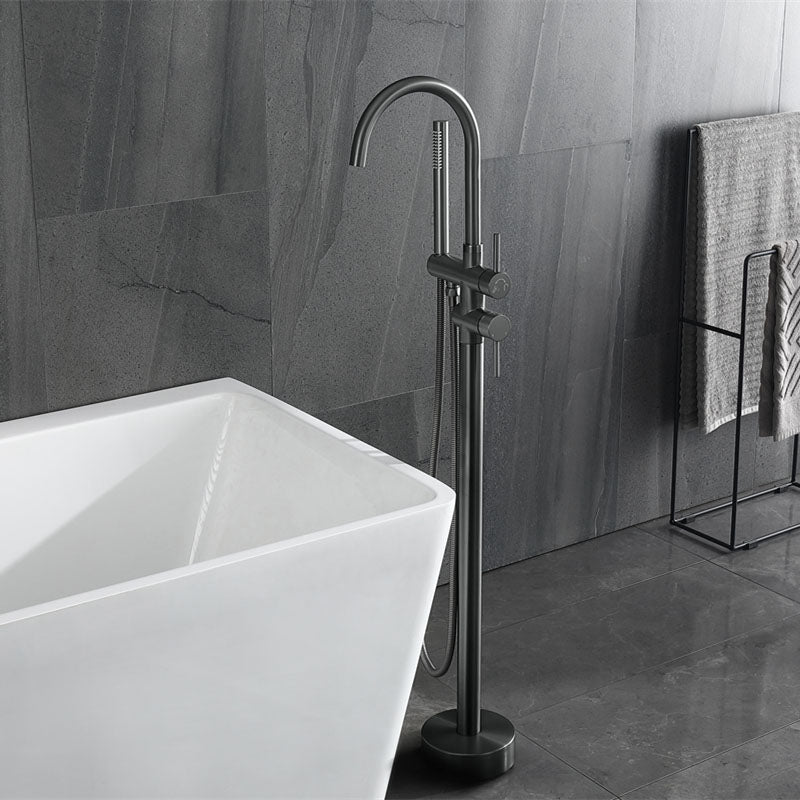 Modern Freestanding Bathtub Faucet Copper Floor Mounted Lever Handle Tub Faucet Trim Matte Black Round Curved Faucet Clearhalo 'Bathroom Remodel & Bathroom Fixtures' 'Bathtub Faucets' 'bathtub_faucets' 'Home Improvement' 'home_improvement' 'home_improvement_bathtub_faucets' 7164996