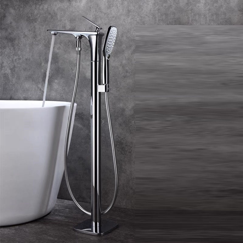 Modern Freestanding Bathtub Faucet Copper Floor Mounted Lever Handle Tub Faucet Trim Silver Gooseneck Clearhalo 'Bathroom Remodel & Bathroom Fixtures' 'Bathtub Faucets' 'bathtub_faucets' 'Home Improvement' 'home_improvement' 'home_improvement_bathtub_faucets' 7164999