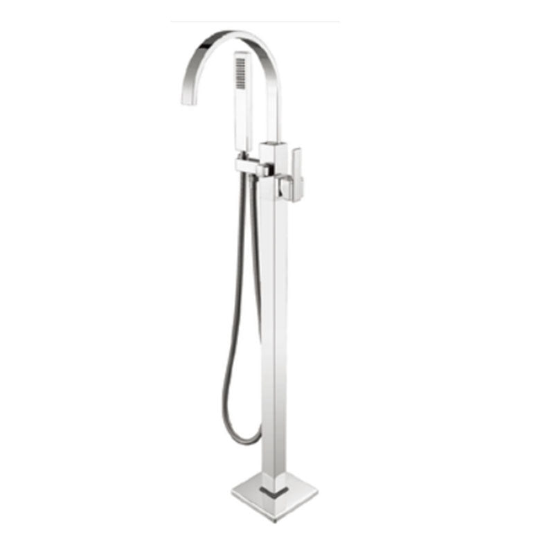 Modern Freestanding Bathtub Faucet Copper Floor Mounted Lever Handle Tub Faucet Trim Silver Square Curved Faucet Clearhalo 'Bathroom Remodel & Bathroom Fixtures' 'Bathtub Faucets' 'bathtub_faucets' 'Home Improvement' 'home_improvement' 'home_improvement_bathtub_faucets' 7165002