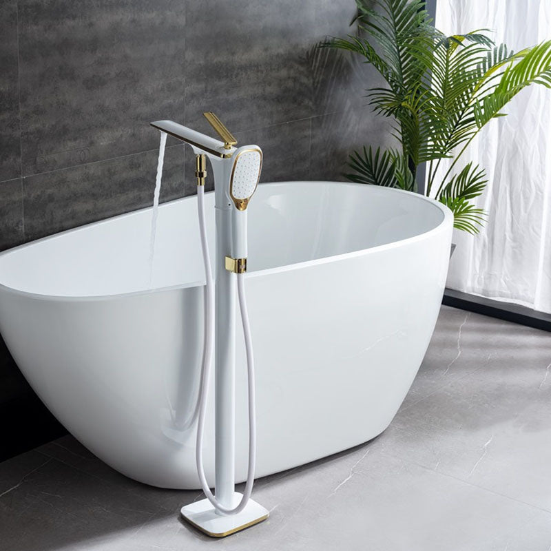 Modern Freestanding Bathtub Faucet Copper Floor Mounted Lever Handle Tub Faucet Trim White-Gold Gooseneck Clearhalo 'Bathroom Remodel & Bathroom Fixtures' 'Bathtub Faucets' 'bathtub_faucets' 'Home Improvement' 'home_improvement' 'home_improvement_bathtub_faucets' 7165015