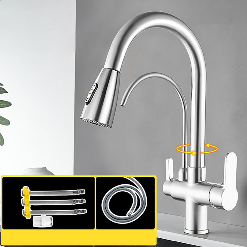 Contemporary Two Handles Kitchen Faucet Double Faucet 1-Hold Faucet Nickel Dual Mode Clearhalo 'Home Improvement' 'home_improvement' 'home_improvement_kitchen_faucets' 'Kitchen Faucets' 'Kitchen Remodel & Kitchen Fixtures' 'Kitchen Sinks & Faucet Components' 'kitchen_faucets' 7165044