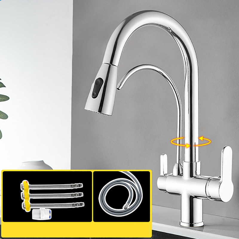 Contemporary Two Handles Kitchen Faucet Double Faucet 1-Hold Faucet Silver Dual Mode Clearhalo 'Home Improvement' 'home_improvement' 'home_improvement_kitchen_faucets' 'Kitchen Faucets' 'Kitchen Remodel & Kitchen Fixtures' 'Kitchen Sinks & Faucet Components' 'kitchen_faucets' 7165046