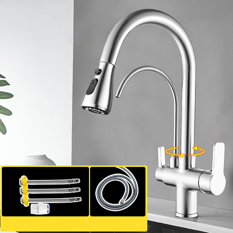 Contemporary Two Handles Kitchen Faucet Double Faucet 1-Hold Faucet Nickel Tri-Mode Clearhalo 'Home Improvement' 'home_improvement' 'home_improvement_kitchen_faucets' 'Kitchen Faucets' 'Kitchen Remodel & Kitchen Fixtures' 'Kitchen Sinks & Faucet Components' 'kitchen_faucets' 7165050