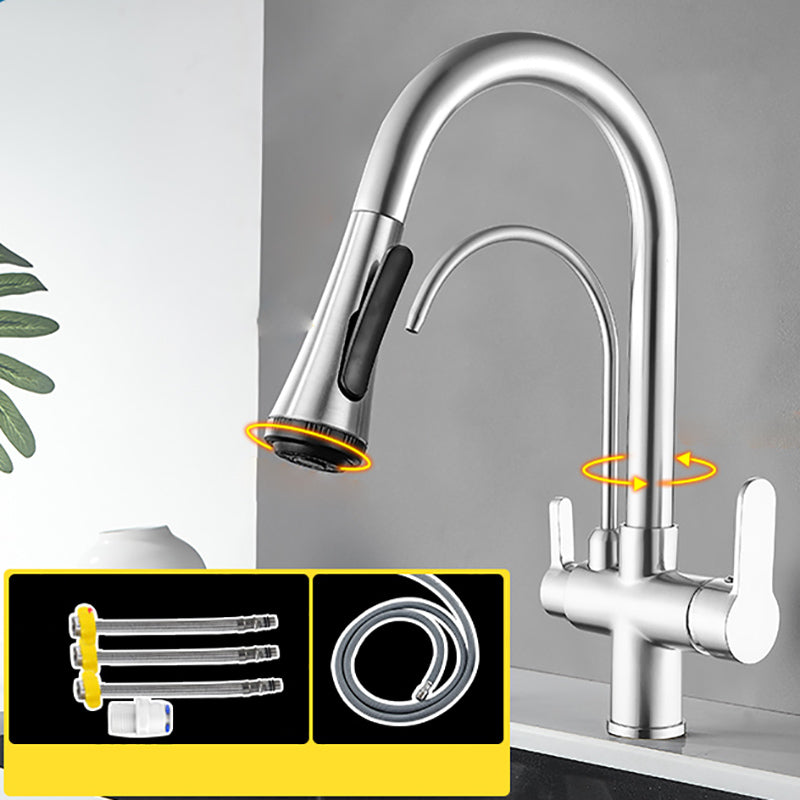 Contemporary Two Handles Kitchen Faucet Double Faucet 1-Hold Faucet Nickel Four Mode Water Outlet Clearhalo 'Home Improvement' 'home_improvement' 'home_improvement_kitchen_faucets' 'Kitchen Faucets' 'Kitchen Remodel & Kitchen Fixtures' 'Kitchen Sinks & Faucet Components' 'kitchen_faucets' 7165057