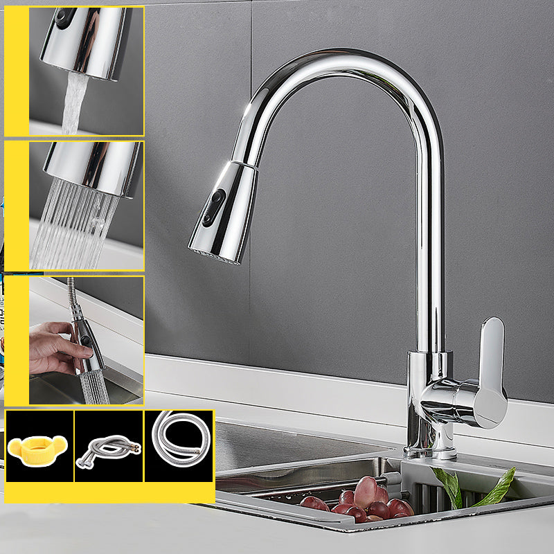 Modern Pull Down Single Handle Kitchen Faucet 1-Hold Profile Faucet Copper Silver Dual Mode Clearhalo 'Home Improvement' 'home_improvement' 'home_improvement_kitchen_faucets' 'Kitchen Faucets' 'Kitchen Remodel & Kitchen Fixtures' 'Kitchen Sinks & Faucet Components' 'kitchen_faucets' 7165129