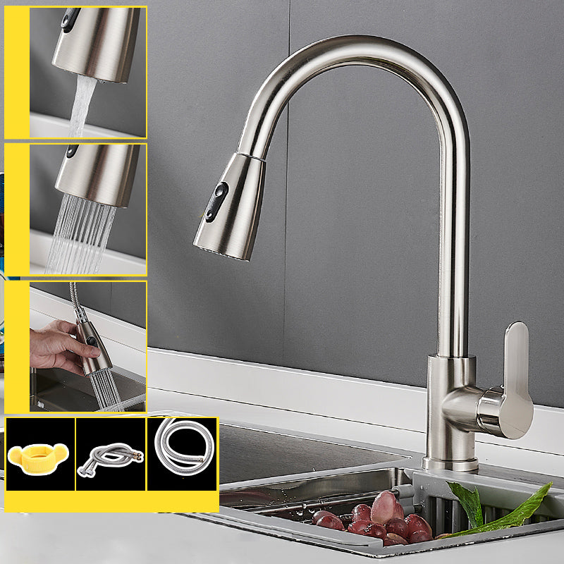 Modern Pull Down Single Handle Kitchen Faucet 1-Hold Profile Faucet Copper Nickel Dual Mode Clearhalo 'Home Improvement' 'home_improvement' 'home_improvement_kitchen_faucets' 'Kitchen Faucets' 'Kitchen Remodel & Kitchen Fixtures' 'Kitchen Sinks & Faucet Components' 'kitchen_faucets' 7165131