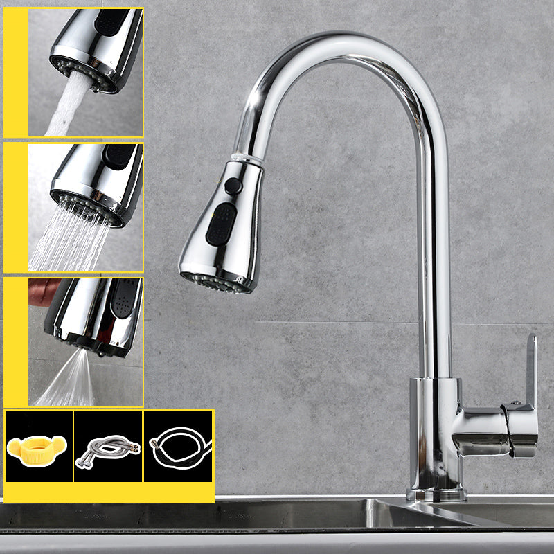 Modern Pull Down Single Handle Kitchen Faucet 1-Hold Profile Faucet Copper Silver Tri-Mode Clearhalo 'Home Improvement' 'home_improvement' 'home_improvement_kitchen_faucets' 'Kitchen Faucets' 'Kitchen Remodel & Kitchen Fixtures' 'Kitchen Sinks & Faucet Components' 'kitchen_faucets' 7165136