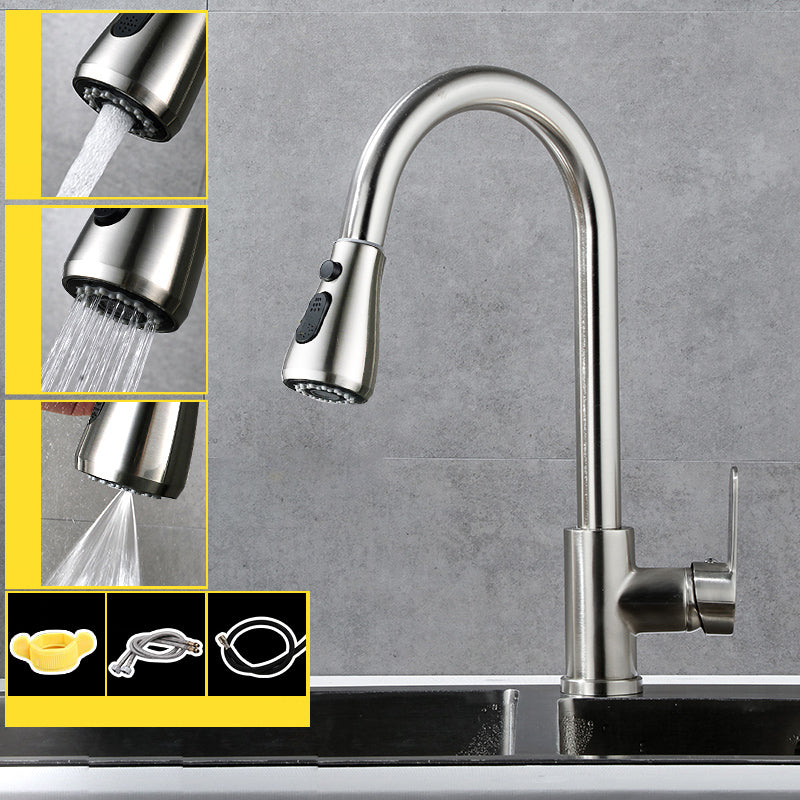 Modern Pull Down Single Handle Kitchen Faucet 1-Hold Profile Faucet Copper Nickel Tri-Mode Clearhalo 'Home Improvement' 'home_improvement' 'home_improvement_kitchen_faucets' 'Kitchen Faucets' 'Kitchen Remodel & Kitchen Fixtures' 'Kitchen Sinks & Faucet Components' 'kitchen_faucets' 7165137