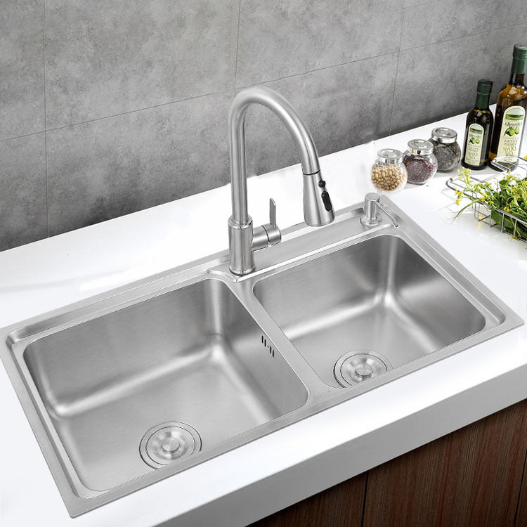 Stainless Steel Kitchen Sink Drop-In Contemporary Style Kitchen Double Sink 32"L x 17"W x 9"H Sink with Faucet Pull Out Faucet Clearhalo 'Home Improvement' 'home_improvement' 'home_improvement_kitchen_sinks' 'Kitchen Remodel & Kitchen Fixtures' 'Kitchen Sinks & Faucet Components' 'Kitchen Sinks' 'kitchen_sinks' 7165369