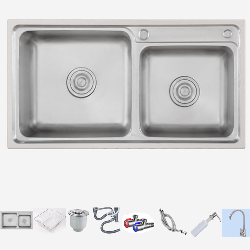 Stainless Steel Kitchen Sink Drop-In Contemporary Style Kitchen Double Sink Sink with Faucet Round Faucet Clearhalo 'Home Improvement' 'home_improvement' 'home_improvement_kitchen_sinks' 'Kitchen Remodel & Kitchen Fixtures' 'Kitchen Sinks & Faucet Components' 'Kitchen Sinks' 'kitchen_sinks' 7165370