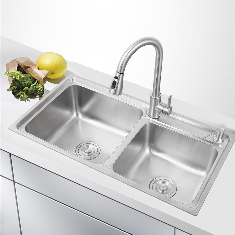 Stainless Steel Kitchen Sink Drop-In Contemporary Style Kitchen Double Sink 31"L x 17"W x 9"H Sink with Faucet Pull Out Faucet Clearhalo 'Home Improvement' 'home_improvement' 'home_improvement_kitchen_sinks' 'Kitchen Remodel & Kitchen Fixtures' 'Kitchen Sinks & Faucet Components' 'Kitchen Sinks' 'kitchen_sinks' 7165372