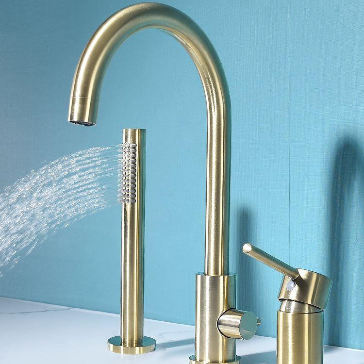 Modern Deck Mounted Tub Faucet Trim Metal Tub Faucet Trim with Hose Clearhalo 'Bathroom Remodel & Bathroom Fixtures' 'Bathtub Faucets' 'bathtub_faucets' 'Home Improvement' 'home_improvement' 'home_improvement_bathtub_faucets' 7165496