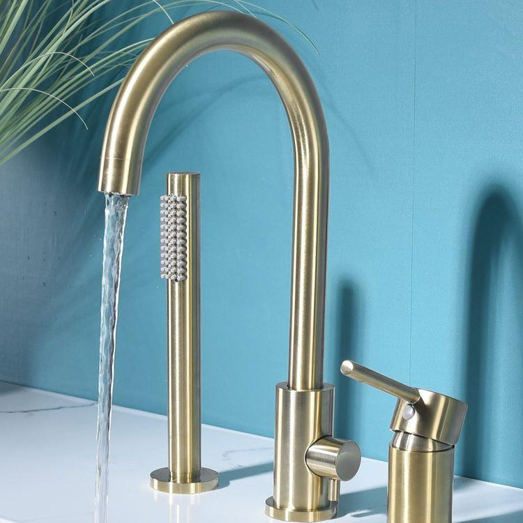 Modern Deck Mounted Tub Faucet Trim Metal Tub Faucet Trim with Hose Clearhalo 'Bathroom Remodel & Bathroom Fixtures' 'Bathtub Faucets' 'bathtub_faucets' 'Home Improvement' 'home_improvement' 'home_improvement_bathtub_faucets' 7165499