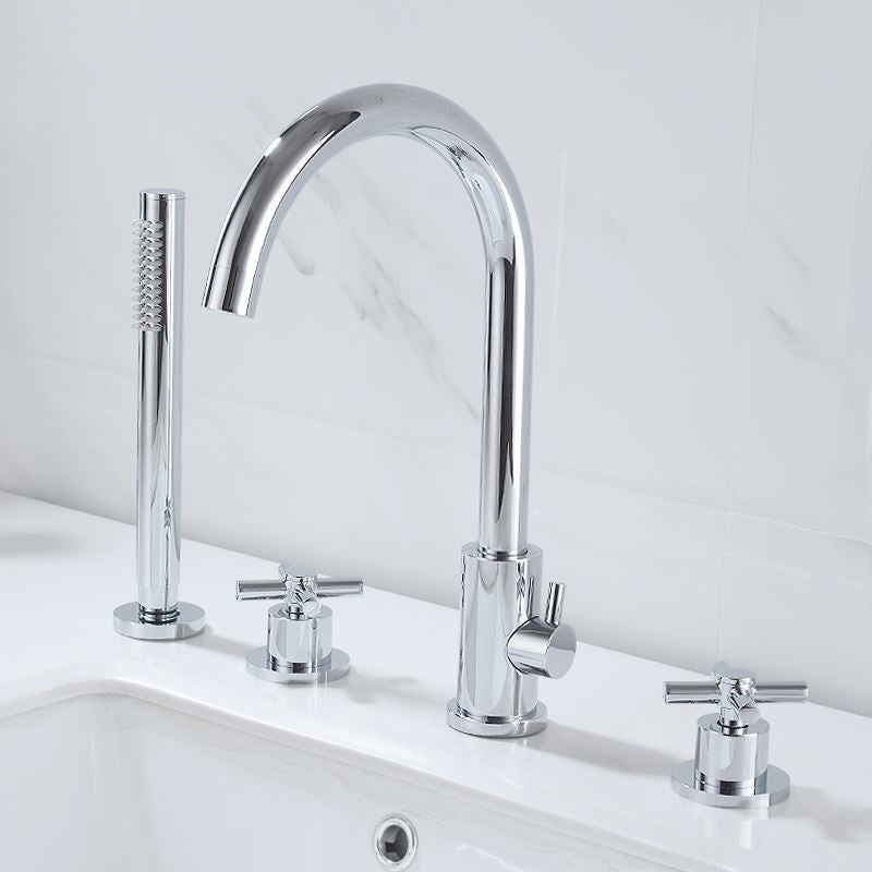 Modern Deck Mounted Tub Faucet Trim Metal Tub Faucet Trim with Hose Chrome 4 Hole Faucets Clearhalo 'Bathroom Remodel & Bathroom Fixtures' 'Bathtub Faucets' 'bathtub_faucets' 'Home Improvement' 'home_improvement' 'home_improvement_bathtub_faucets' 7165501