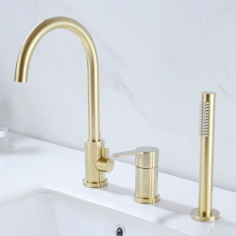 Modern Deck Mounted Tub Faucet Trim Metal Tub Faucet Trim with Hose Gold 3 Hole Faucets Clearhalo 'Bathroom Remodel & Bathroom Fixtures' 'Bathtub Faucets' 'bathtub_faucets' 'Home Improvement' 'home_improvement' 'home_improvement_bathtub_faucets' 7165502
